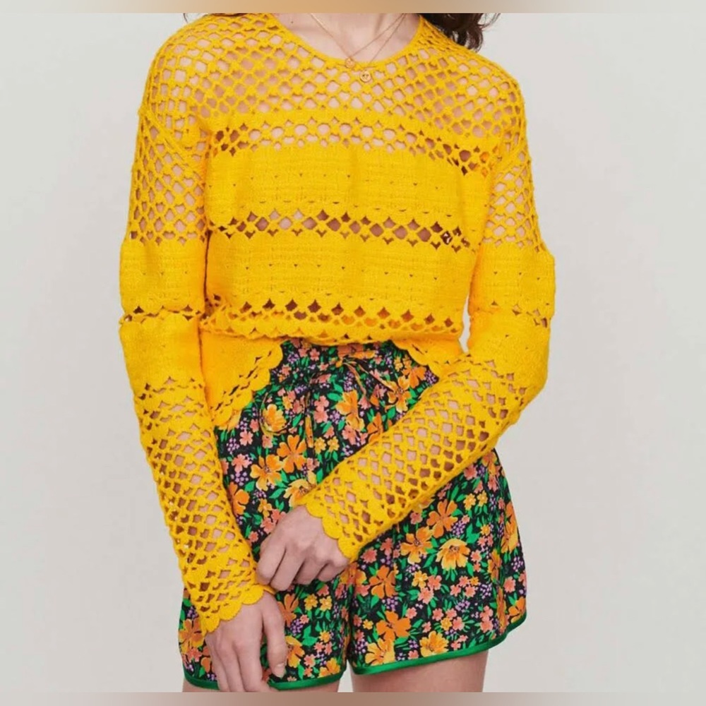 Bright sunny yellow crocheted top by Maje.☀️